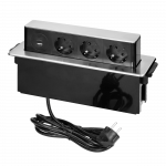 Orno Stumdomas baldinis lizdas plok&scaron;čiu frezuotu kra&scaron;tu, USB pakrovėjas ir 2m laidas, 3 x F tipo lizdai, 2 x USB (tipas A + C 3,0A), 3x1,5 mm?, juoda ir sidabrinė, INOX, Schuko versija