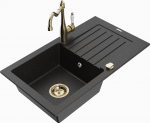 Granitinė virtuvinė plautuvė Mexen Pablo su mai&scaron;ytuvu ir sifonu, Metallic juodas/sidabrinis+Gold