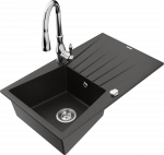 Granitinė virtuvinė plautuvė Mexen Cesar su mai&scaron;ytuvu ir sifonu, Metallic juodas/auksinis+Chrome