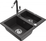 Granitinė virtuvinė plautuvė Mexen Carlos su mai&scaron;ytuvu ir sifonu, Juodas granite+Juodas/Chrome