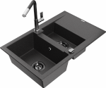 Granitinė virtuvinė plautuvė Mexen Gaspar su mai&scaron;ytuvu ir sifonu, Juodas granite+Juodas/Chrome
