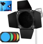 Godox bd-04 barn door metaliniai varteliai su korio tinkleliu ir 4 spalvotais gelio filtrais, suderinami su standartiniais reflektoriais bowens mount compatible godox led neewer amaran aputure led video light