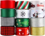 Kingovalley 12 kalėdinių juostelių ritinių, 2,5 cm x 4,5 m, kalėdinės temos, spausdintos satino grosgrain juostelės aukso ir sidabro metalo blizgučių juostelės kalėdinėms dovanoms, žiemos &scaron;ventėms, festivalio dekoravimui