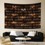 Yongfoto 220 x 150 cm vintažinis gobelenas su knygų lentyna, senovinės bibliotekos knygų lentynos gobelenai, medinė knygų spinta, žvakidė, žvakės, gobelenas su knygomis svetainei, bendrabučiui, dekorui, sofos kilimėlis, pledas
