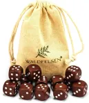 Waldfelsen 6, 12, 20, 30 arba 50 auk&scaron;tos kokybės mediniai kauliukai pagaminti i&scaron; tikro buko medžio, žaidimo kubeliai mediniai 16 mm standartiniai kauliukai su medžiaginiu mai&scaron;eliu (rudi, 12 vienetų)