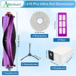 Attemart J15 Pro Ultra atsarginė dalis, skirta Eureka J15 Pro Ultra robotui-siurbliui, priedų rinkinys: 1 pagrindinis &scaron;epetys, 4 filtrai, 4 valymo &scaron;luostės, 4 dulkių mai&scaron;eliai, 6 &scaron;oniniai &scaron;epečiai, 1 valymo &scaron;epetys, 20 vnt.