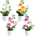 Sifoel dirbtinių orchidėjų žiedų rinkinys, 4 vnt., mini orchidėjos vazonėliuose, netikros orchidėjos su plastikine vaza namų, stalo, biuro dekoravimui (balta, geltona, rožinė, &scaron;viesiai rožinė)