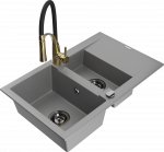 Granitinė virtuvinė plautuvė Mexen Gaspar su mai&scaron;ytuvu ir sifonu, Pilkas+Juodas/Gold