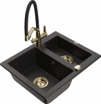 Granitinė virtuvinė plautuvė Mexen Carlos su mai&scaron;ytuvu ir sifonu, Metallic juodas/auksinis+Juodas/Gold
