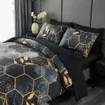 Freyamy 3d marmuro patalynės komplektas 135 x 200 cm, 2 dalių, juodo aukso geometrinis marmuro ra&scaron;tas, prabangi patalynė, 100% mikropluo&scaron;to patalynės komplektai, mink&scaron;tas antklodės užvalkalas su užtrauktuku ir pagalvės užvalkalas 80 x 80 cm