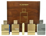 &bdquo;Al Haramain Al Haramain Amber Oud&ldquo; kolekcija 4 x 60 ml &ndash; &bdquo;Amber Oud&ldquo; auksinis leidimas + &bdquo;Amber Oud&ldquo; raudonasis leidimas + &bdquo;Amber Oud&ldquo; tabako leidimas + &bdquo;Amber Oud&ldquo; mėlynasis leidimas 60 ml arabi&scaron;ki kvepalai unisex