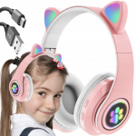 LED &scaron;viesomis &scaron;viečiančios belaidės ausinės, rožinės su ausytėmis, Happy people M-25