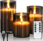 Daphomeu Įkraunamos Led žvakės su nuotolinio valdymo pulteliu ir laikmačiu, mirgančios elektrinės Led žvakės namų dekoravimui, vestuvėms, vakarėliams, Helovinui, Kalėdoms, 3d emuliacinės žvakės, pilkas stiklas, 3 vnt.