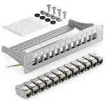 Deleycon 12 prievadų patch panelis, rinkinys, modulinis 1 U 10 colių stovo montavimas + 12x Rj45 keystone modulis Cat6a, suderinamas su Cat5 Cat6 Cat7 Lan tinklo kabelio montavimo kabeliu, pilkas