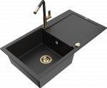 Granitinė virtuvinė plautuvė Mexen Leo su mai&scaron;ytuvu ir sifonu, Metallic juodas/sidabrinis+Juodas/Gold