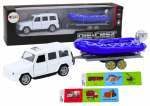 Lean Toys Baltas visureigis su priekaba ir motorine valtimi vaikams