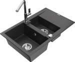 Granitinė virtuvinė plautuvė Mexen Gaspar su mai&scaron;ytuvu ir sifonu, Juodas granite+Chrome