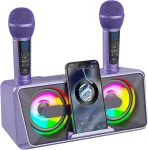 Karaokės aparatas suaugusiems ir vaikams su 2 uhf belaidžiais mikrofonais, ne&scaron;iojama bluetooth dainavimo kolonėlė, pa sistema su disko &scaron;viesomis, telefono laikiklis namams, vakarėliams, i&scaron;kyloms (violetinis)