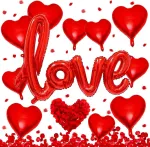 Romanti&scaron;kas valentino dienos dekoracijų rinkinys, 18 &scaron;irdies formos folinių balionų, raudoni, 2 45 cm &scaron;irdies formos helio balionai, didelis folinis balionas "love", 500 rožių žiedlapių, raudoni, gimtadieniui, jubiliejui, valentino dienos vakarėliui