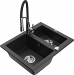Granitinė virtuvinė plautuvė Mexen Carlos su mai&scaron;ytuvu ir sifonu, Metallic juodas/sidabrinis+Juodas/Chrome