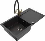 Granitinė virtuvinė plautuvė Mexen Leo su mai&scaron;ytuvu ir sifonu, Metallic juodas/sidabrinis+Juodas/Gold