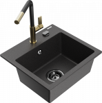 Granitinė virtuvinė plautuvė Mexen Milo su mai&scaron;ytuvu ir sifonu, Juodas granite+Juodas/Gold