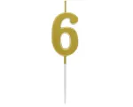 Skaičius auksinis metalinis, auksinė skaičių žvakė, torto žvakė numeris 6