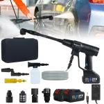 Akumuliatorinis auk&scaron;to slėgio plovimo įrenginys 1450 psi/100 bar, 2 4000 mah akumuliatoriai, ne&scaron;iojamas belaidis auk&scaron;to slėgio plovimo įrenginys su 6-in-1 antgaliu, 5 m žarna, skirtas automobiliui/grindims/tvorai/takui