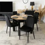 Mebel Elite I&scaron;skleidžiamas valgomojo stalas HARRY ir 4 kėdės, &bdquo;artisan&ldquo; ąžuolo ir juodos spalvos