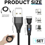 Knocery magnetinis įkrovimo kabelis, 3 viename magnetinis kabelis, 360&deg; ir 180&deg; pasukamas Micro Usb/type C/i produktui, 60w greitas įkrovimas 3a ir duomenų perdavimas