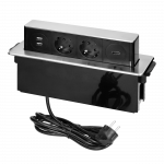 Orno Stumdomas baldų lizdas plok&scaron;čiu frezuotu kra&scaron;tu, USB įkroviklis ir 2m laidas, 2x2P + Z (Schuko), 2 x USB (A tipas), HDMI, 3x1,5 mm2, juoda ir sidabrinė, INOX