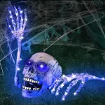 &Scaron;viesos efektą turintis skeletas-kaukolės rinkinys, Helovino skeleto dekoracija, 1 kaukolė, 2 skeleto rankos, girlianda + voratinklio dekoracija, tikrovi&scaron;ka Helovino siaubo skeleto dekoracija, dekoracija Helovinui