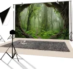 Yongfoto 1,5 x 1 m poliesterio nuotraukų fonas, žalias mi&scaron;ko džiunglių vaizdas, dideli seni medžiai, siauras takas, fotografijos fonas, foto studijos fonai, rekvizitai