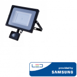 50W LED prožektorius V-TAC, 6400K (&scaron;altai balta), su judesio davikliu, juodu korpusu, SAMSUNG LED chip