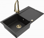 Granitinė virtuvinė plautuvė Mexen Leo su mai&scaron;ytuvu ir sifonu, Metallic juodas/sidabrinis+Gold