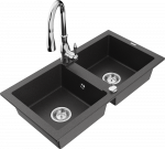 Granitinė virtuvinė plautuvė Mexen Mario su mai&scaron;ytuvu ir sifonu, Juodas granite+Chrome