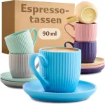 Cosumy spalvoti espresso puodeliai su lėk&scaron;tutėmis, 6 vnt., pastelinės spalvos &ndash; 90 ml &ndash; dryžuotas keraminis ra&scaron;tas &ndash; galima plauti indaplovėje ir naudoti mikrobangų krosnelėje &ndash; modernus mocha puodelių rinkinys