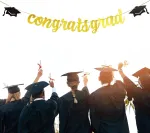 Auksinė girlianda su užra&scaron;u "graduation", dekoracija "congratulations", girlianda su užra&scaron;u "exam Passed", pakabinama dekoracija, dekoracija su kepurės motyvu, skirta i&scaron;leistuvių vakarėliui