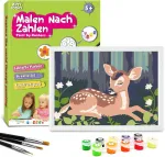 Zimrobin pie&scaron;imas pagal skaičius vaikams - 13 x 18 cm pie&scaron;imas pagal skaičius vaikams nuo 5 6 7 metų mergaitėms ir berniukams, kūrybinė dovana su rėmu, 3 teptukai ir akriliniai dažai (mažas elnias mi&scaron;ke)