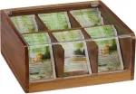 Relaxdays medinė arbatos dėžutė, 6 skyriai, 90 arbatos pakelių, arbatos dėžutė su atlenkiamu dangteliu, aromato apsauga, a x p x g 9,5 x 22 x 20,5 cm, natūrali, tamsiai ruda, skaidri