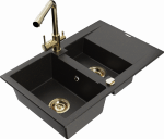 Granitinė virtuvinė plautuvė Mexen Gaspar su mai&scaron;ytuvu ir sifonu, Metallic juodas/auksinis+Gold