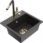 Granitinė virtuvinė plautuvė Mexen Milo su mai&scaron;ytuvu ir sifonu, Juodas granite+Juodas granite/Gold