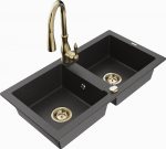 Granitinė virtuvinė plautuvė Mexen Mario su mai&scaron;ytuvu ir sifonu, Juodas granite+Gold