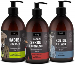 LaQ Vyri&scaron;kas valymo rinkinys du&scaron;o želė Habibi i&scaron; Dubajaus 500 ml + du&scaron;o želė Doberman 500 ml + du&scaron;o želė Kozioł su Klasasą 500 ml