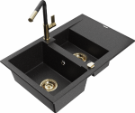 Granitinė virtuvinė plautuvė Mexen Gaspar su mai&scaron;ytuvu ir sifonu, Metallic juodas/sidabrinis+Juodas/Gold