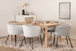 Venture Design Valgomojo stalo ir kėdžių komplektas, stalas su slankiojančia i&scaron;trauka ir Berit kėdė, 170x95x75 cm, balta, juoda, &scaron;viesiai pilka veliūrinė