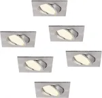 Hcfei 6 Led įleidžiamų prožektorių rinkinys, kvadratiniai, pritemdomi, matinio chromo, pasukami, 5w, plok&scaron;ti, 230v, įleidžiamas prožektorius, 68-75 mm gręžimo anga, 120&deg; spindulio kampas, &scaron;ilta balta 3000k