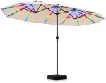 Sodo skėtis dvipusis su 144 LED lemputėmis, smėlio spalvos, 436 &times; 258 &times; 254 cm