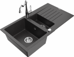 Granitinė virtuvinė plautuvė Mexen Matias su mai&scaron;ytuvu ir sifonu, Juodas granite+Chrome