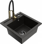 Granitinė virtuvinė plautuvė Mexen Vito su mai&scaron;ytuvu ir sifonu, Metallic juodas/auksinis+Juodas/Gold